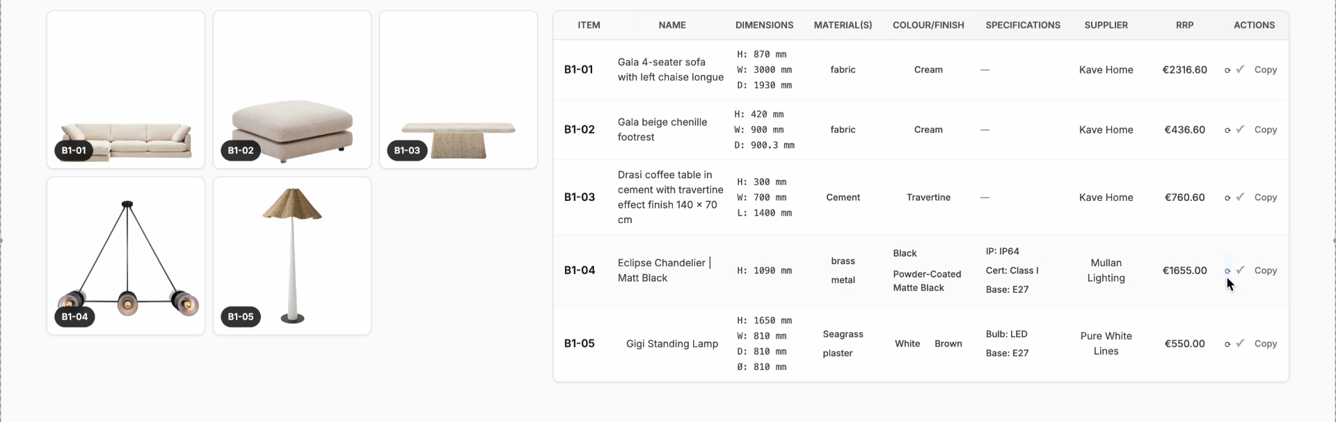 FF&E procurement schedule example showing furniture and lighting items with specifications