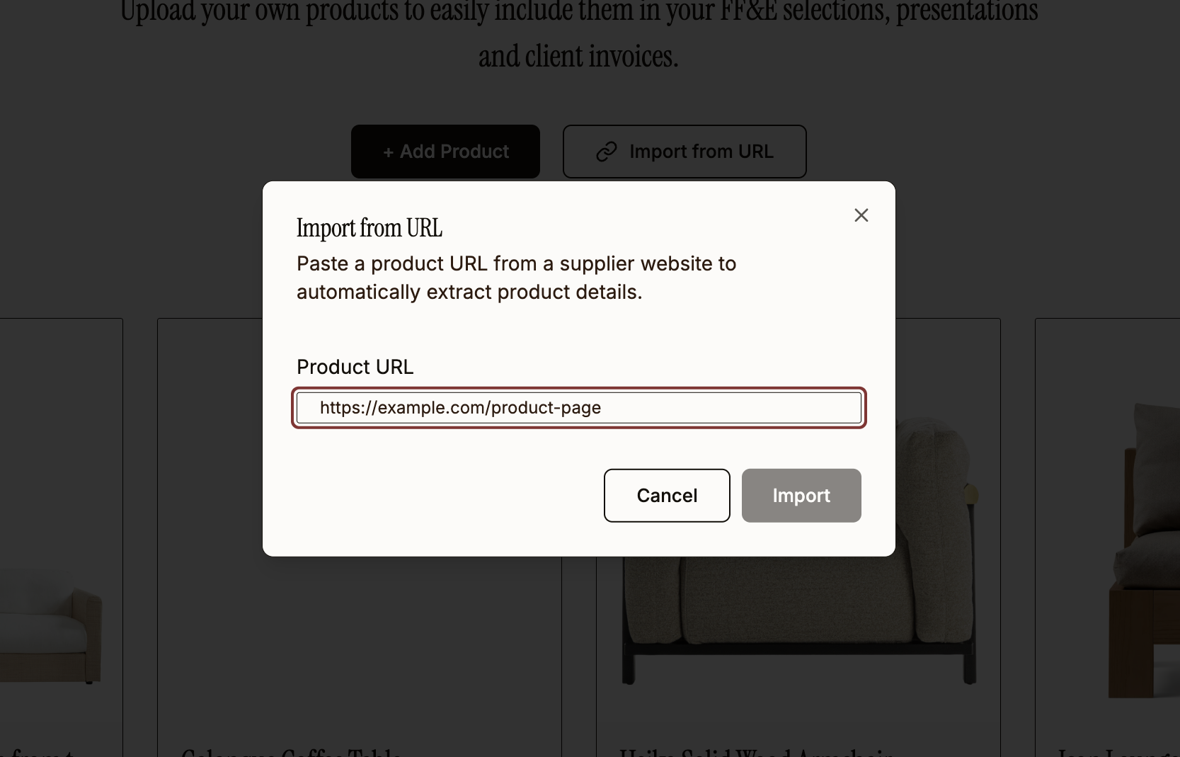 Procurist Import from URL dialog showing Add Product and Import from URL buttons with a product URL input field to automatically extract product details from any supplier website