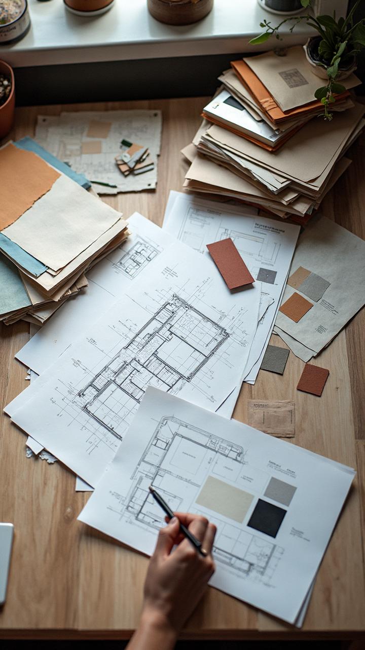 Floor plans on a desk with material and colour chips laid across them